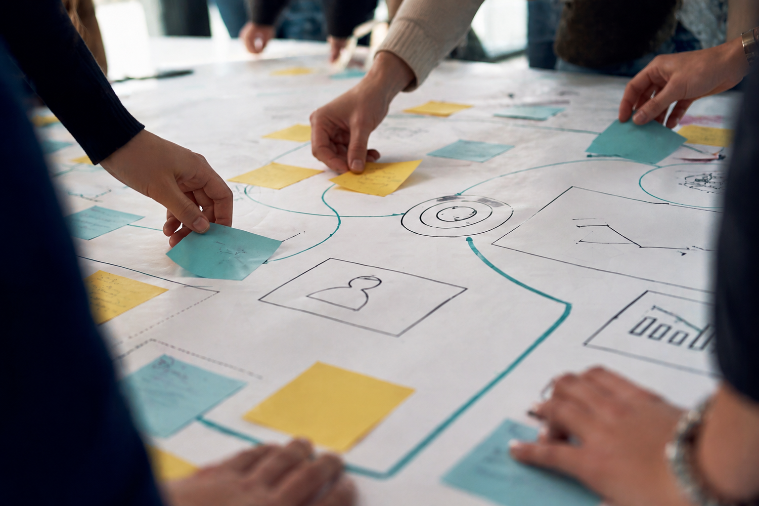 Team working together during a facilitated workshop exercise